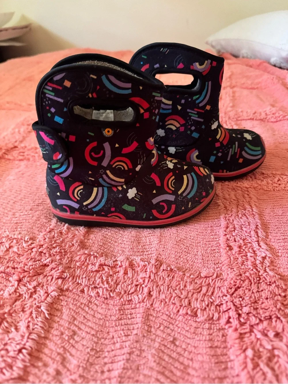 Bogs Kids Black Boots with Colorful Rainbow & Cloud Pattern